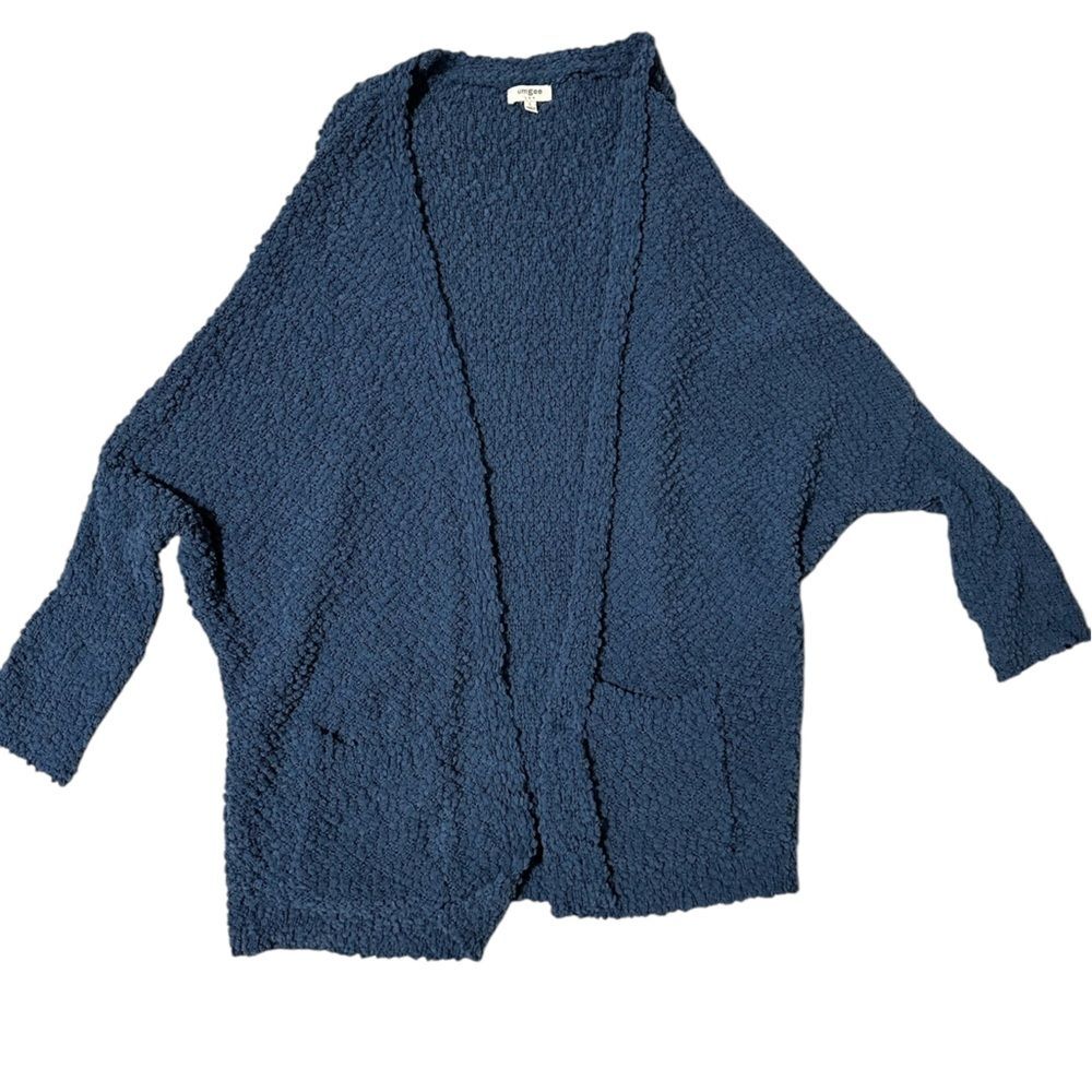 💙 Umgee Blue Popcorn Knit Open Front‎ Cardigan Sweater w/ Pockets Women’s L